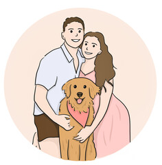 happy romantic couple with golden retriever dog on circle background.Cartoon illustration drawing.