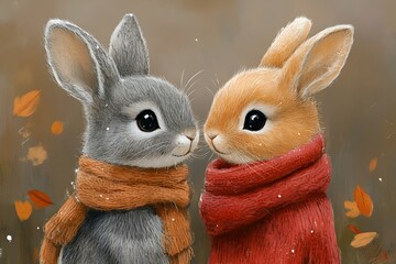 Fototapeta premium two rabbits wearing scarves and standing next to each other
