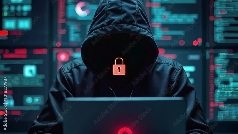 Poster unrecognizable man hacker is wearing sweatshirt with hood is typing on laptop computer keyboard on w