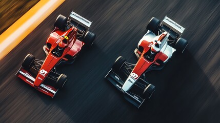 Naklejka premium Two race cars speed down a track, with motion blur creating a sense of speed.