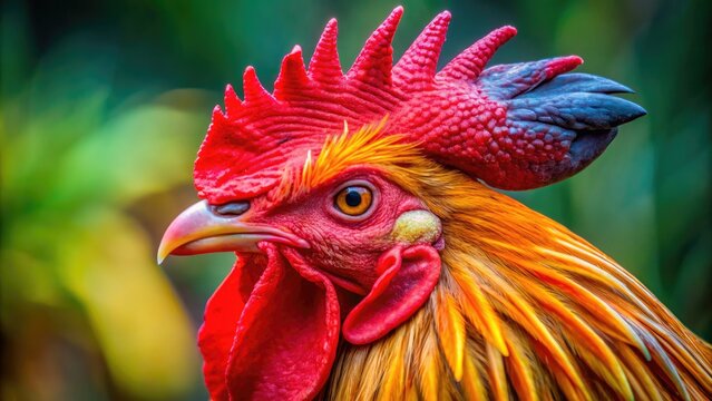 Close-up of a rooster's head featuring vibrant plumage, bright red comb, and wattle, with intricate details of beak, eyes, and facial feathers in sharp focus.