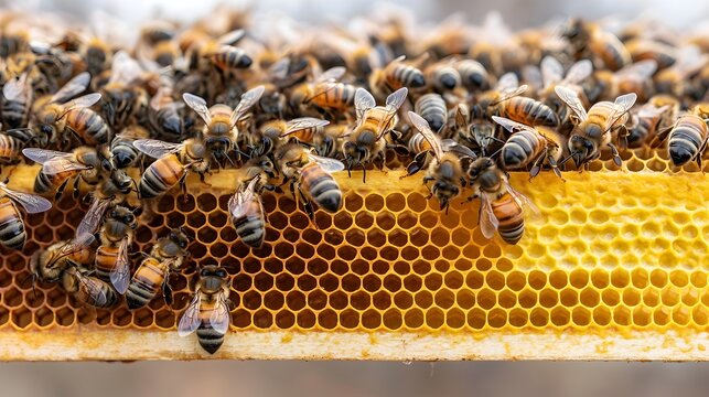 A thriving bee colony busy at work inside a beehive with frames of golden honeycomb structures ready to be harvested for the delicious and natural sweetness of honey