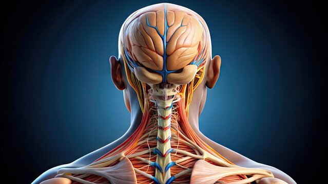 Close-up of the back of the human head and neck, showcasing the intricate anatomy of the occipital bone, vertebrae, and muscle structure.