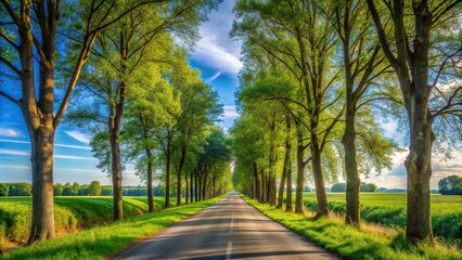 Obraz premium narrow road through trees countryside blue sky