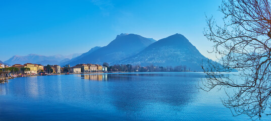 Naklejka premium Panorama with Lake Lugano and Monte Bre, Lugano, Switzerland