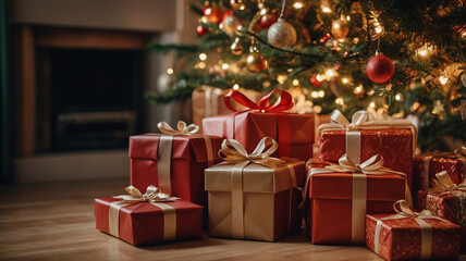 Many Christmas presents under the Christmas tree, indoors, warm atmosphere, festive decoration