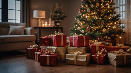 Obraz premium Many Christmas presents under the Christmas tree, indoors, warm atmosphere, festive decoration