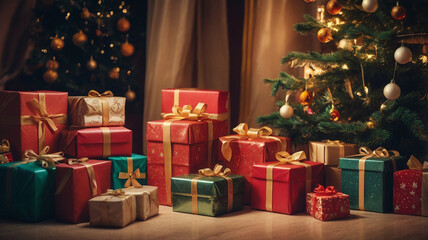 Many Christmas presents under the Christmas tree, indoors, warm atmosphere, festive decoration