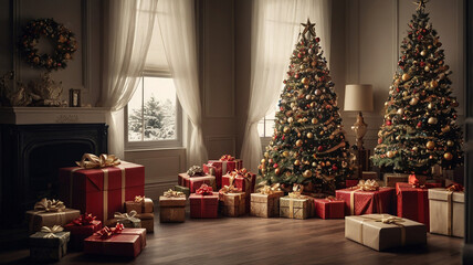 Many Christmas presents under the Christmas tree, indoors, warm atmosphere, festive decoration