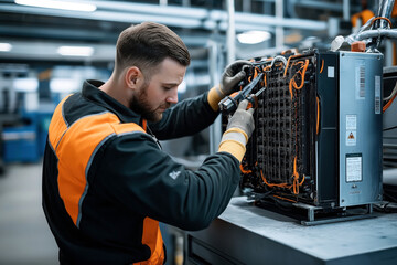 Technician in an orange and black uniform using tools to repair or assemble an industrial machine in a modern factory setting with a focus on machinery maintenance.