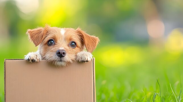 Abandoned puppy peeking out from a discarded cardboard box sitting alone in a grassy park