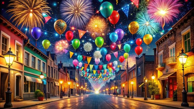 Colorful fireworks explode in the night sky above a bustling street decorated with vibrant balloons and celebratory banners, marking the start of a joyful new year.