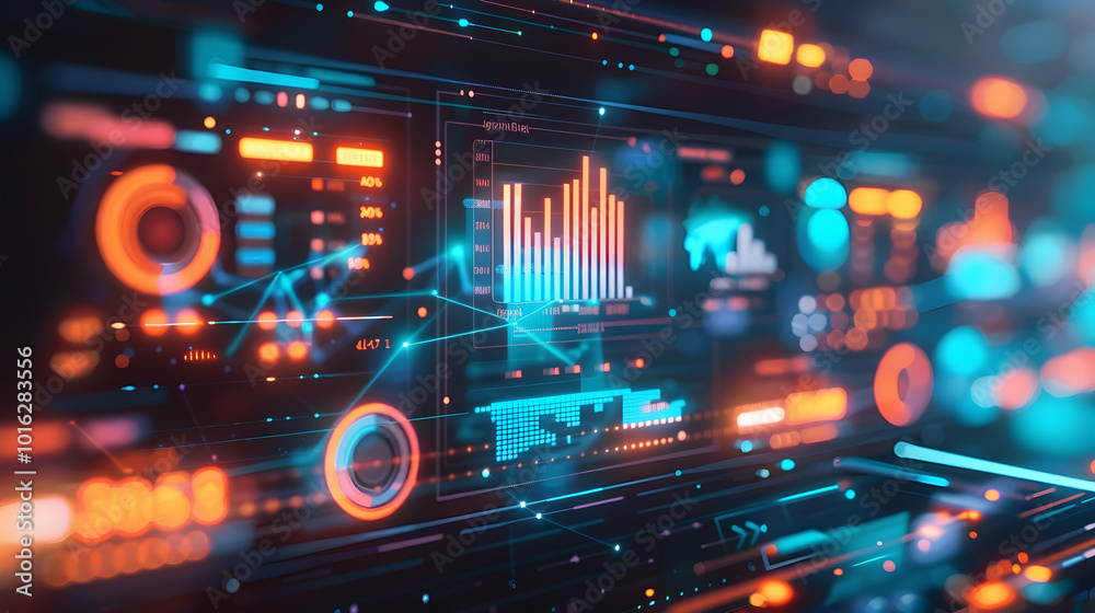 Poster neon-lit interface of advanced analytics, symbolizing high-tech data processing