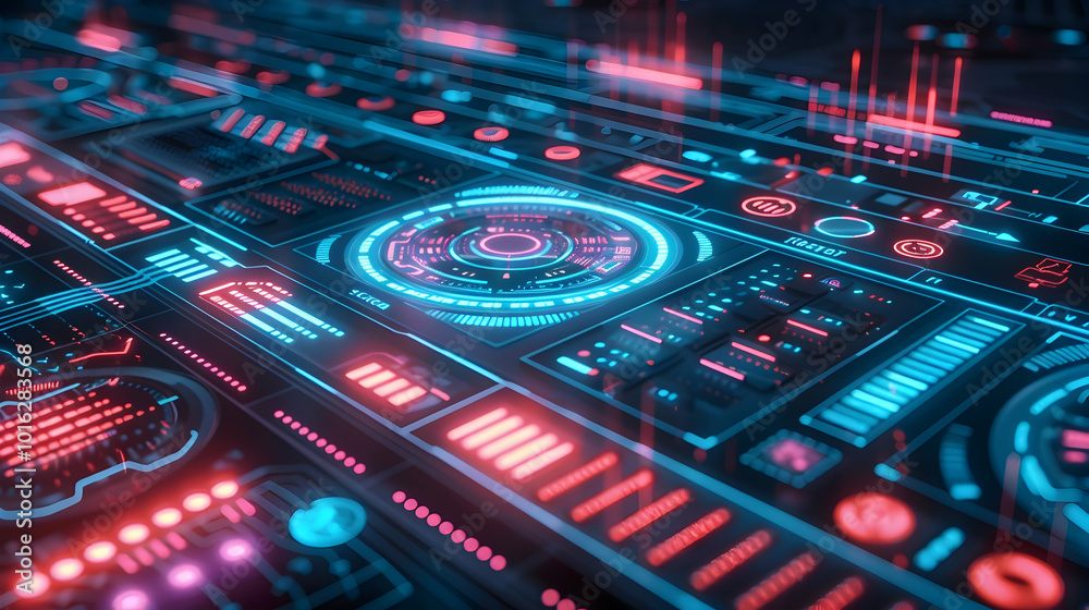 Poster neon-lit interface of advanced analytics, symbolizing high-tech data processing