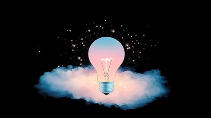 A light bulb explodes with colorful energy and sparks on a black background. Colorful smoke electric sparks create a lively atmosphere.