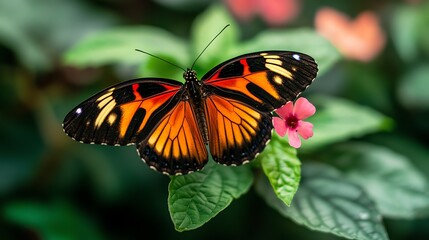 Fototapeta premium A black and orange butterfly landed on a pink flower in the garden.