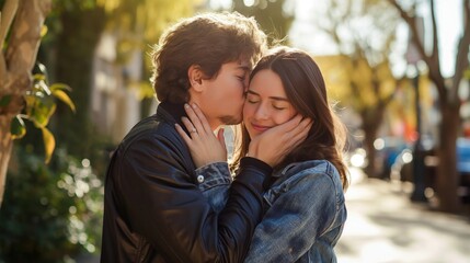 Fototapeta premium Young couple shares tender moment on city street. Man in black jacket leans in to kiss woman cheek. Woman reciprocates with her own kiss. City street backdrop with trees, buildings adds urban charm.