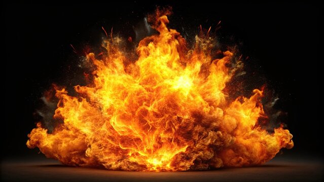 Massive fire explosion with sparks on black background