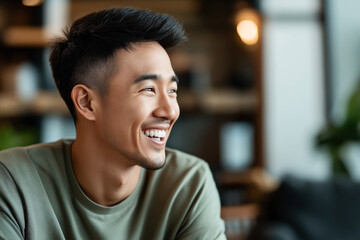 Fototapeta premium Smiling man with a short haircut and a trimmed beard, wearing a green shirt, sitting indoors with a blurred background featuring warm lighting and modern decor.