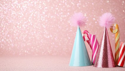 Colorful party hats and candy canes on a glittery pink background