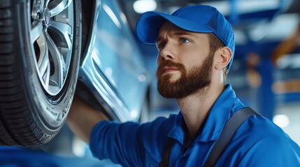 A car mechanic in a blue uniform and cap standing under a lifted car in a sleek, modern garage, focusing intently as he repairs the vehicle's suspension system.