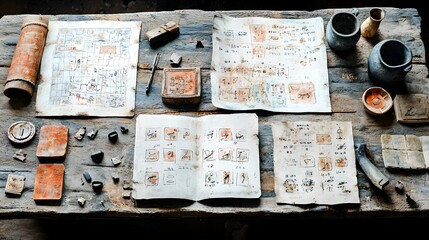Assortment of Vintage Maps Scrolls and Archaeological Artifacts Displayed on a Weathered Wooden Table Surface