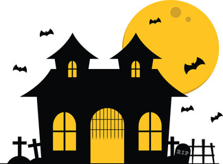 Scary Halloween Black Haunted House Surrounded By Graves And Bats At Night