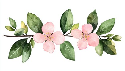 Obraz premium A delicate vector illustration of spring floral branches with soft watercolor leaves and blossoms, painted in pastel shades of pink, green, and yellow, isolated on a white background.
