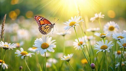 Meadow landscape with daisies and butterfly