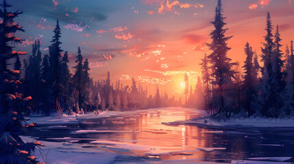 simple sunset winter wallpaper artwork with a river next to a forest, wallpaper design