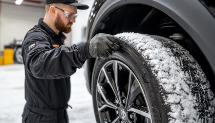 Naklejka premium A mechanic placing a summer tire beside a removed winter tire, with both tires displayed for comparison, emphasizing the technicians role in ensuring a safe and smooth ride throughout the year.