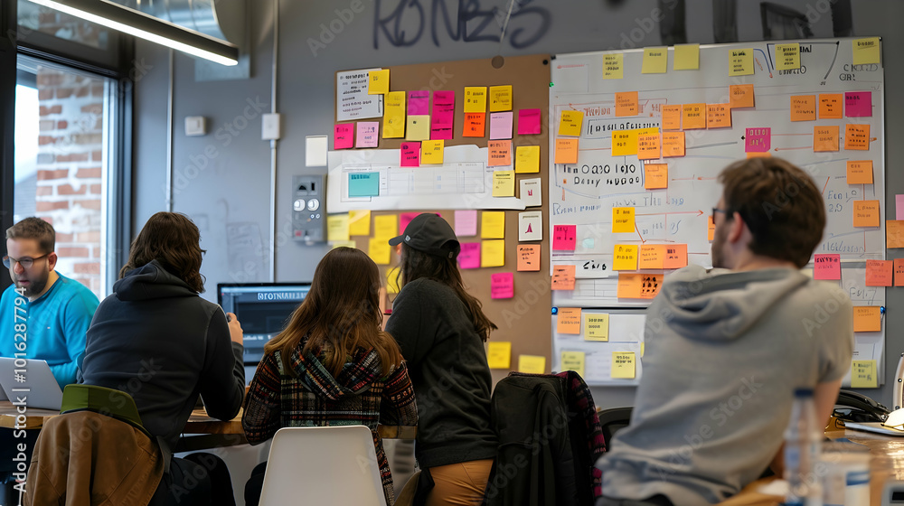 Poster software developer's wall: featuring coding guidelines, project milestones, and a board with bug rep