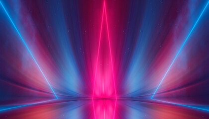 Neon light in tunnels, rays and lines. Perspective of light in motion. Dark abstract neon background, empty stage.
