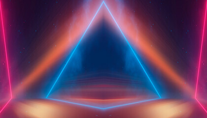 Neon light in tunnels, rays and lines. Perspective of light in motion. Dark abstract neon background, empty stage.