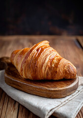 A freshly baked croissant displayed on a wooden board, with a dark background emphasizing its...