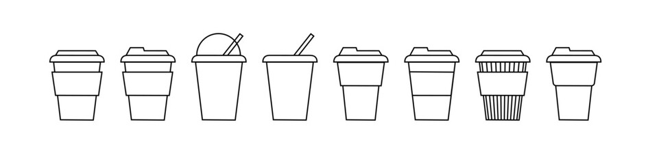 Coffee cup line and flat style. Disposable coffee cup. Coffee paper cup container for hot and cold drink juice tea cocoa. Vector