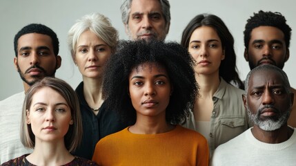 Fototapeta premium A diverse group of individuals with various hairstyles and expressions, standing closely together against a neutral backdrop.