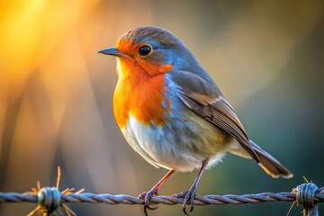 Fototapeta premium A stunning low light photograph of a Robin Redbreast resting on fence wire, ideal for nature enthusiasts and birdwatchers appreciating the beauty of