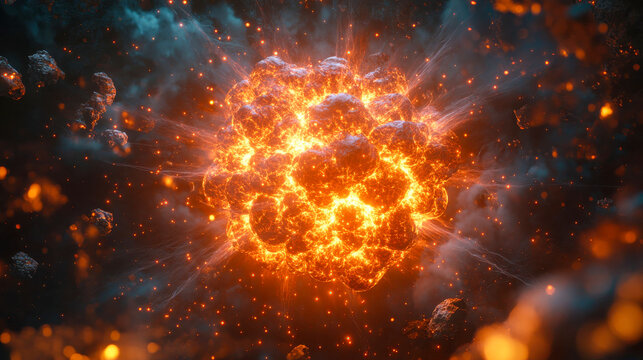 A fiery explosion with glowing particles radiates energy in space