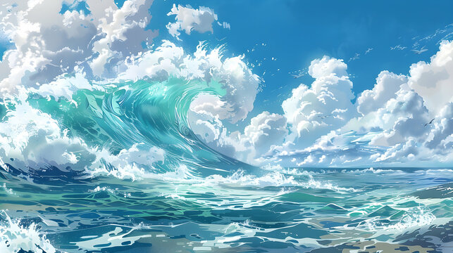 strong waves incoming on the ocean, anime illustration