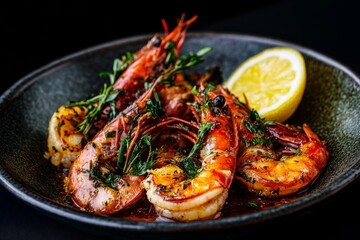 Delicious, grilled prawns with herbs and lemon.