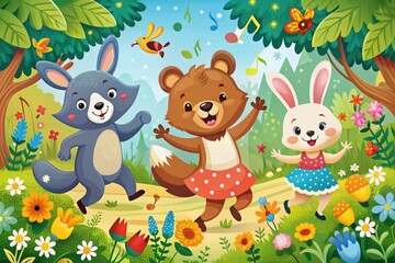 Naklejka premium Cute Dancing Animals Vector Illustration for Childrenâ€™s Books and Educational Materials
