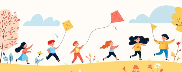 A vibrant, sunny park scene with a diverse group of children running joyfully, their kites trailing behind them in the wind, with blooming flowers and tall trees in the background.