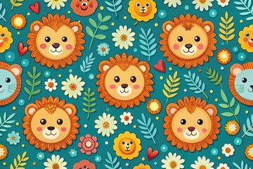 Naklejka premium Cute Lion Head Pattern Seamless Design for Digital Paper and Textiles