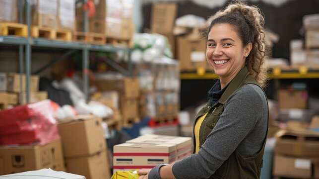 Woman volunteer in green vest stands in warehouse with donations. Holds cardboard box with various items. Warehouse shelves, racks for storage, organization. Woman position creates sense of depth,