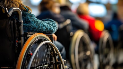 Obraz premium A line of individuals in wheelchairs, showcasing diversity and accessibility in a communal setting.