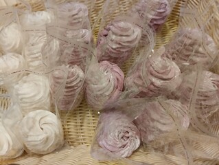 Homemade marshmallows in individual packaging. Homemade sweets