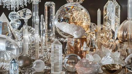 The Dazzling Decor: A sparkling collection of crystal, glass, and metal objets, glinting in the light and casting kaleidoscopic reflections