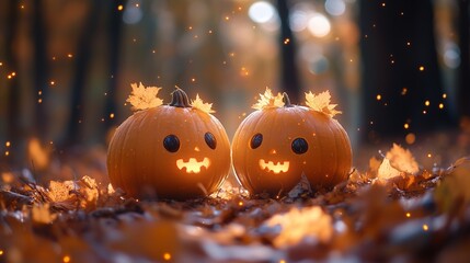 Fototapeta premium Smiling pumpkins in autumn forest with glowing faces and falling leaves. Halloween