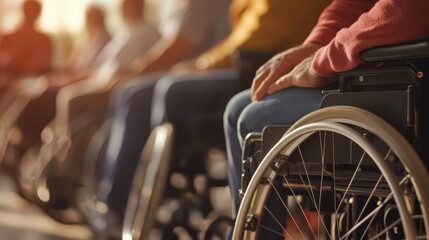 Obraz premium A close-up view of individuals in wheelchairs, highlighting their hands and wheels, symbolizing mobility and independence.